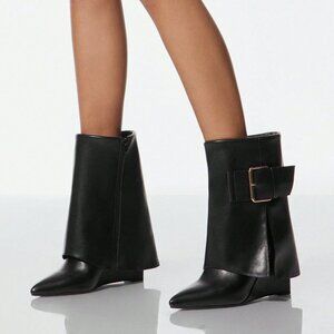 Black Elegant Women's Sexy Mid-Calf Pointed Toe Wedge Boots With Big Buckle